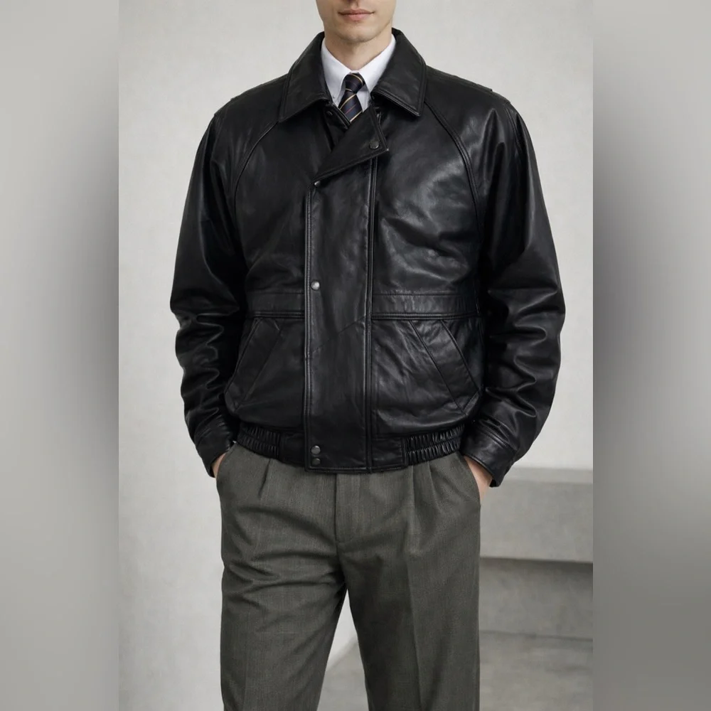 London Fog Black Genuine Leather Bomber Jacket Sz S - Picture 10 of 15